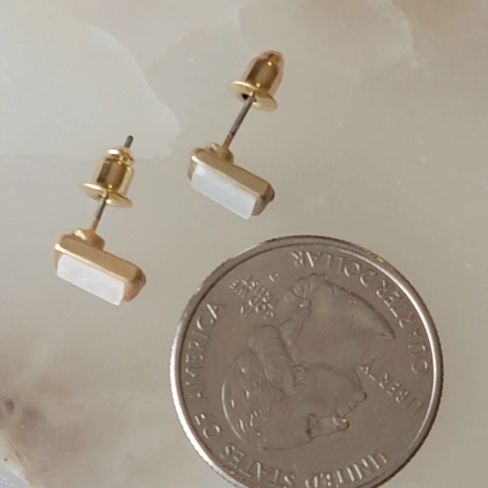 Pearlescent Gold Faux Mother of Pearl Rectangular Stud Earrings